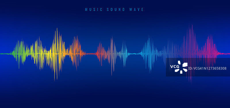 彩虹音乐声音波浪线均衡器在蓝色背景。图片素材