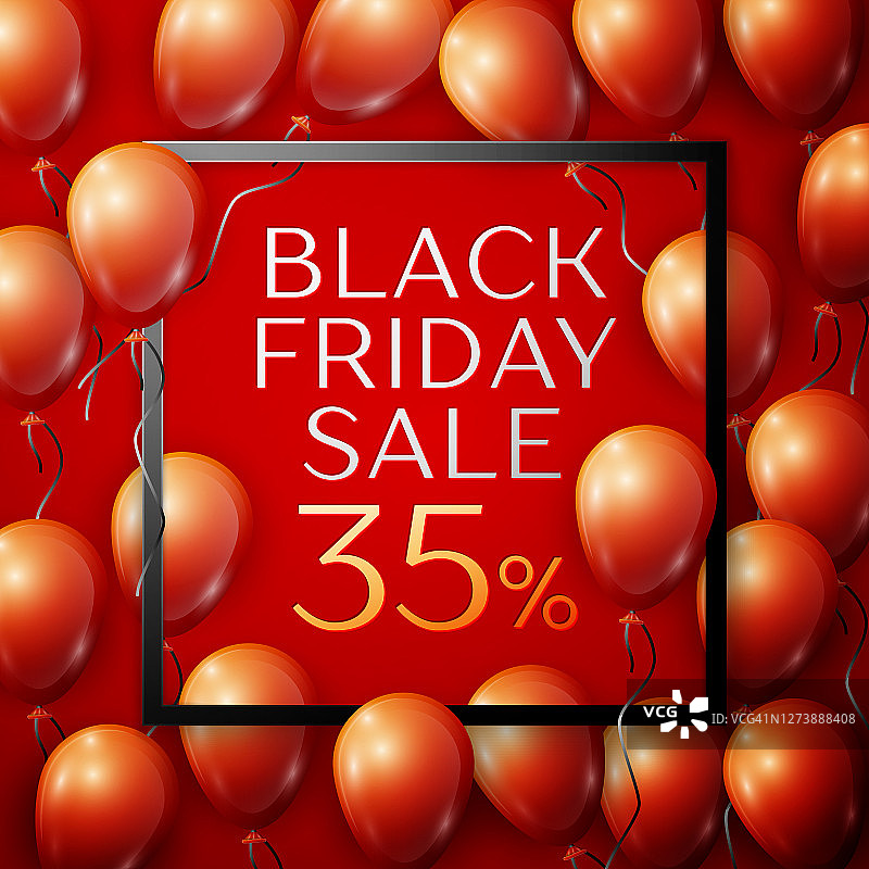 真实的红色闪亮气球与黑色丝带与题字在中心黑色星期五出售红色背景与方形框折扣35%。矢量图图片素材