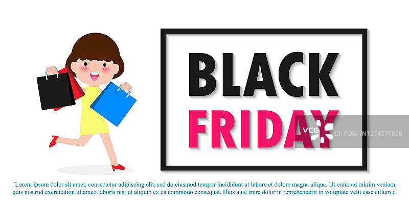 黑色星期五销售活动人物卡通购物袋，广告海报横幅大折扣促销概念孤立在白色背景矢量插图图片素材