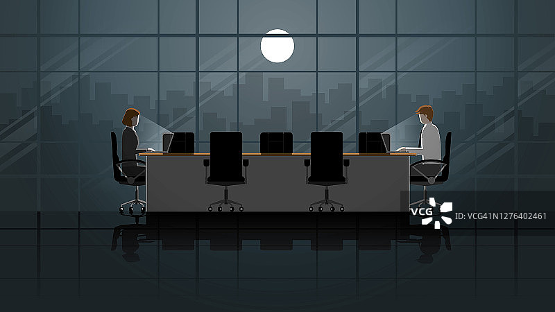 员工们在办公室的窗口会议室用笔记本电脑工作。在黑暗中工作，满月时在光明中工作。城市生活方式的努力工作，加班和过度工作。构思插图概念场景。图片素材