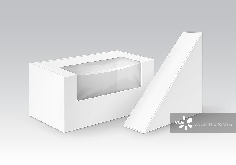 矢量组白色空白纸板矩形三角形带走盒子包装的三明治，食品，礼物，其他产品与塑料窗户模拟近距离隔离在白色背景图片素材