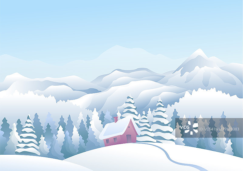 蓝山冬季雪景与雪屋和松树林的前景。山峰和旅游背景图片素材