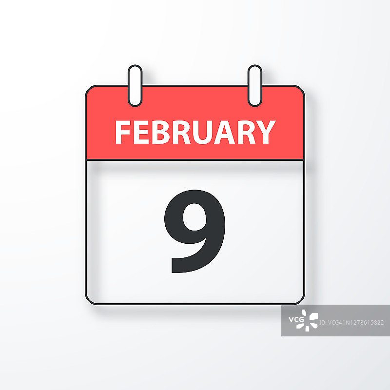 2月9日-每日日历-黑色轮廓与阴影在白色的背景图片素材