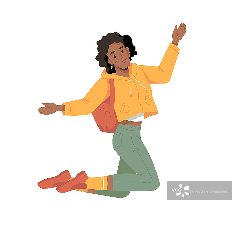 卷毛非洲裔美国女人背包跳跃或跳跃与手高举孤立的大学大学生在时髦的衣服。矢量非裔美国女性在休闲服装，平面卡通人物图片素材