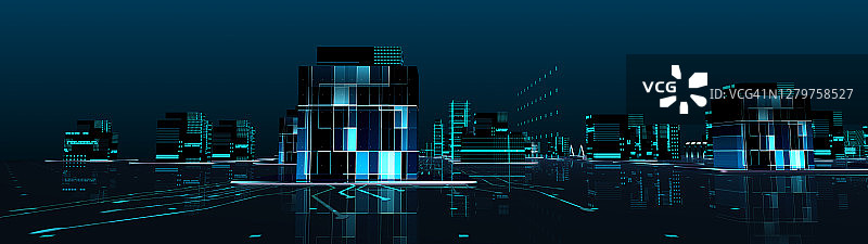 3D渲染未来城市霓虹灯场景。城市景观灯光照亮未来的城市和技术全景背景。图片素材