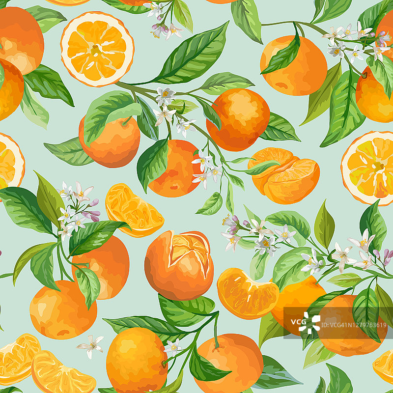 无缝普通话花图案。向量水果背景，柑橘类水果，花，叶，橙枝纹理。水彩风格橘子。复古橘子设计的婚礼，背景，壁纸图片素材