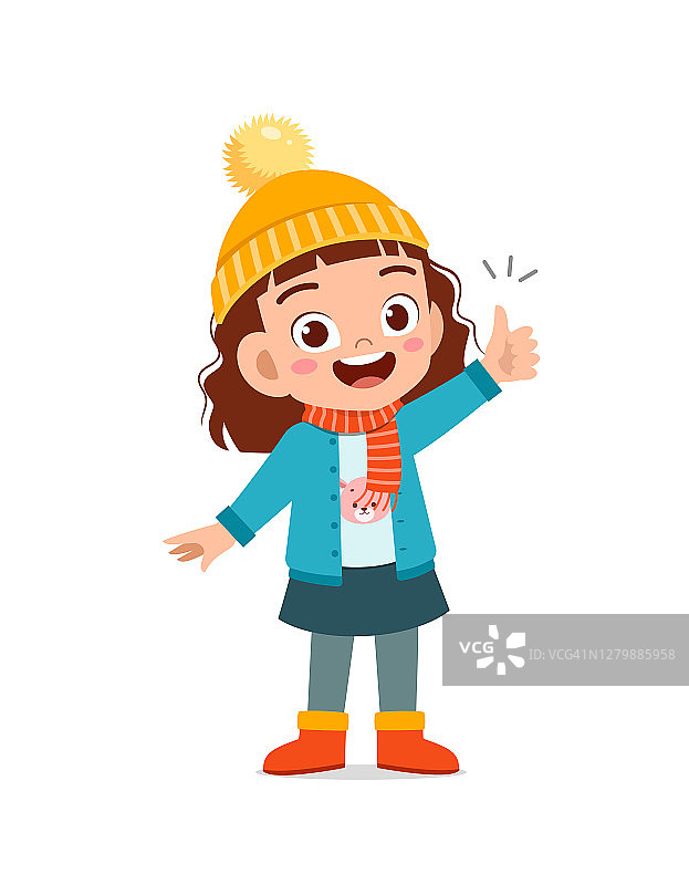 快乐可爱的小有主意，冬天穿夹克。孩子思考和穿着暖和的衣服图片素材