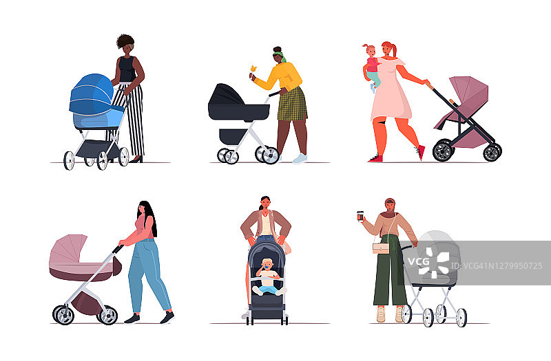 设置混合种族的母亲步行与新生儿在婴儿车母亲的概念图片素材