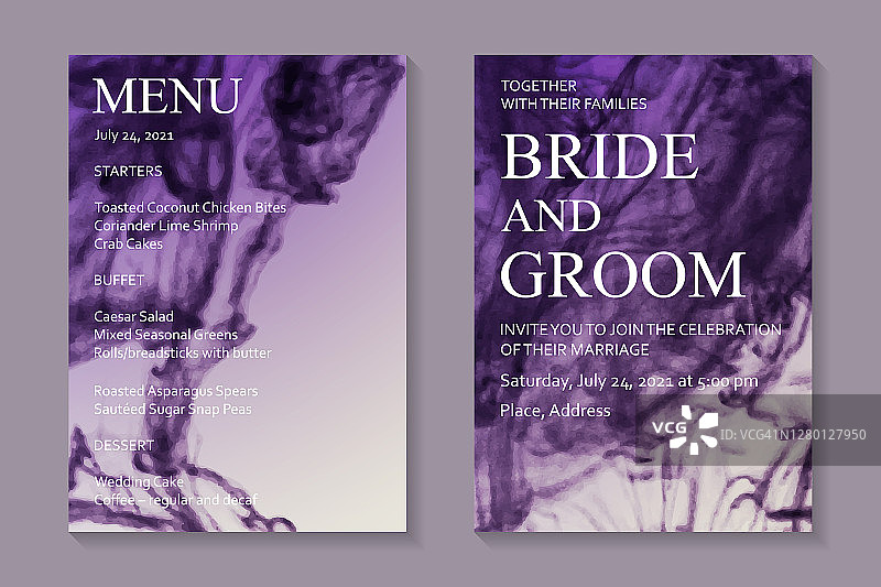 婚礼邀请用紫色水彩画波浪或酒精墨水的流体艺术风格。图片素材