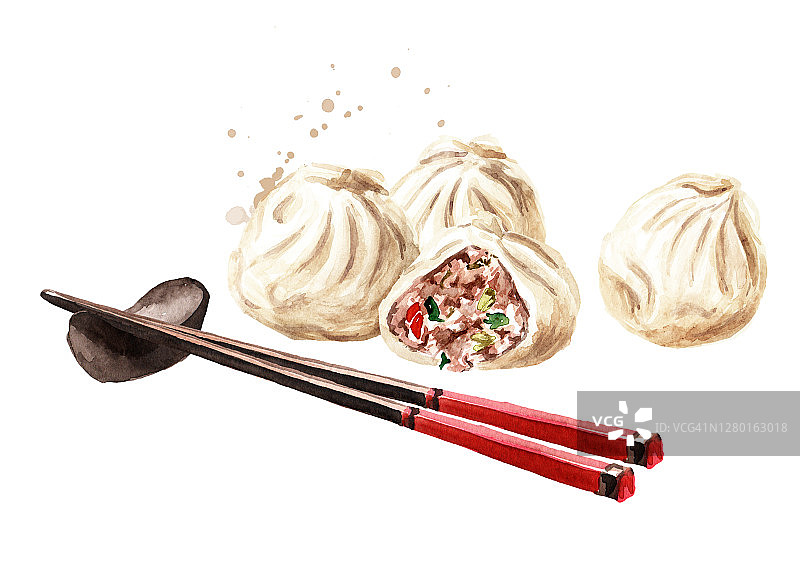 竹筷和传统的中国饺子点心。手绘水彩插图，孤立的白色背景图片素材