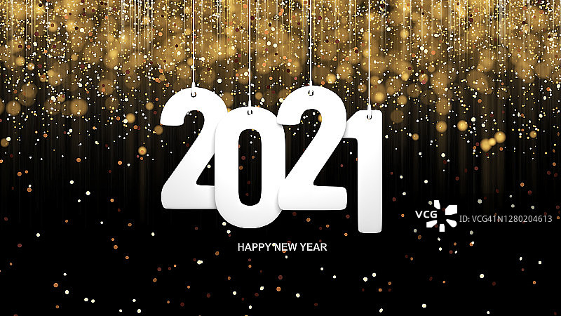 2021年新年快乐的文字像圣诞装饰品一样挂在新年贺卡的背景上图片素材