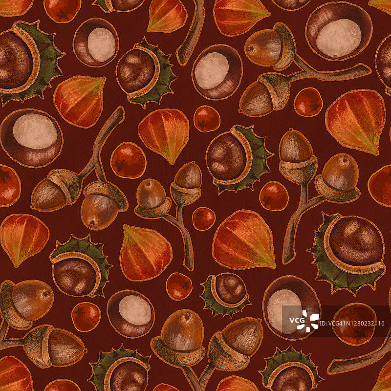 秋天主题的纹理无缝，栗子，花楸，酸浆，橡子的元素。秋天壁纸插图。图片素材