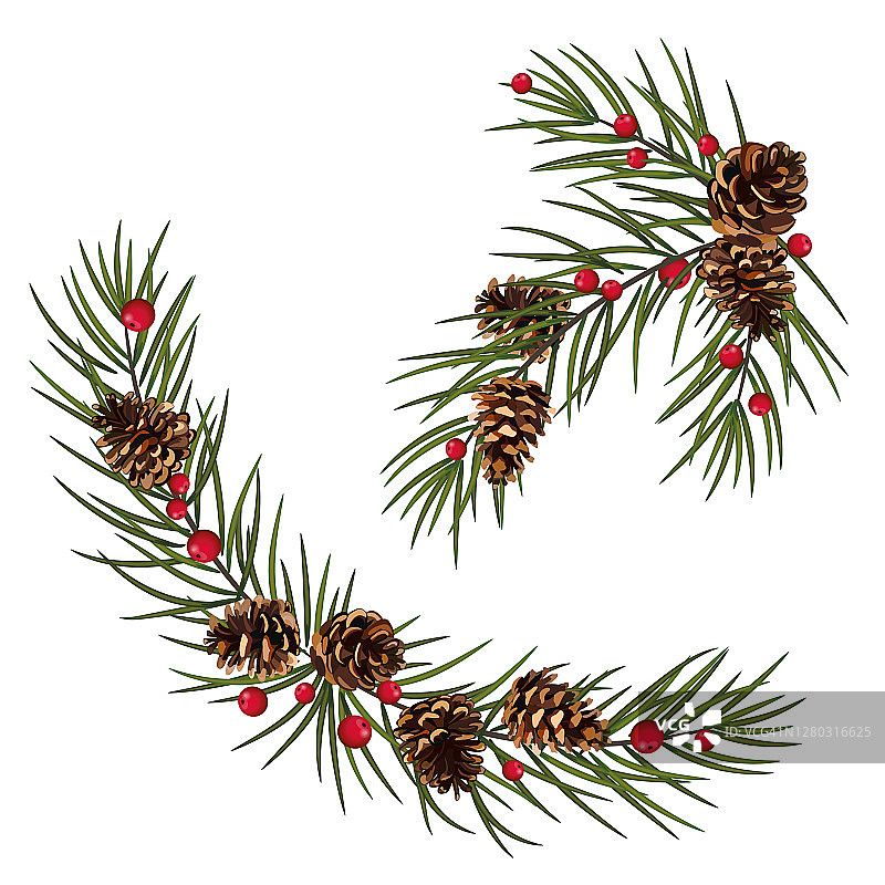 宽大的圣诞花环来自冷杉树枝。松枝上带有球果的花环。非常适合做传单，海报，标题图片素材