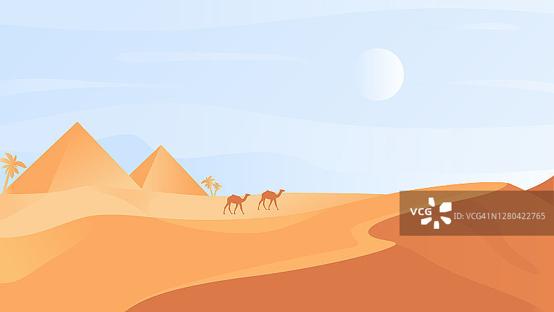 埃及沙漠自然景观，卡通沙漠风景自然野生土地，沙丘，骆驼商队图片素材