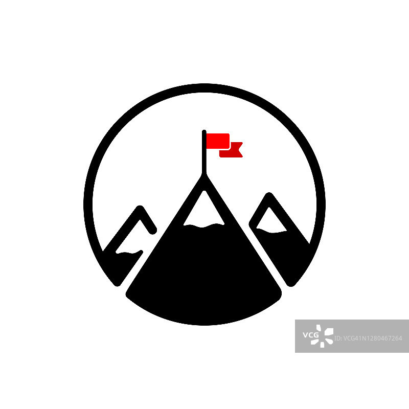 山顶上有一面旗帜的黑色图标。任务的概念。的目标。成功。矢量EPS 10。白色背景隔离图片素材