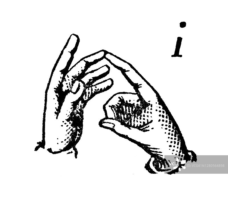 古老的雕刻插图，手工字母表的聋哑人-手指拼写，字母I图片素材