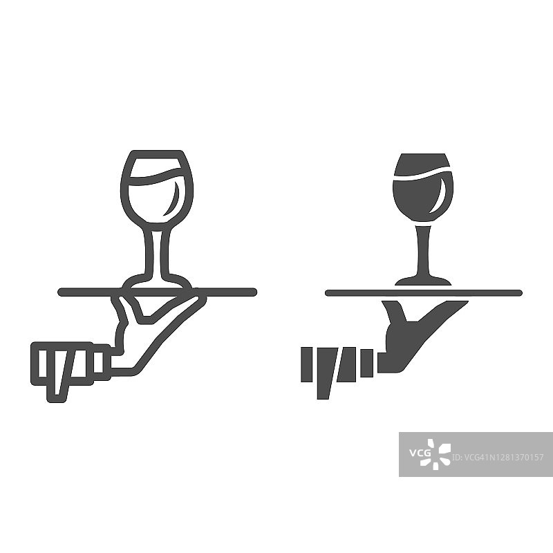 酒杯在托盘上的手线和固体图标，葡萄酒节的概念，饮料服务标志在白色的背景，服务员的手与酒杯在托盘图标的轮廓风格。矢量图形。图片素材