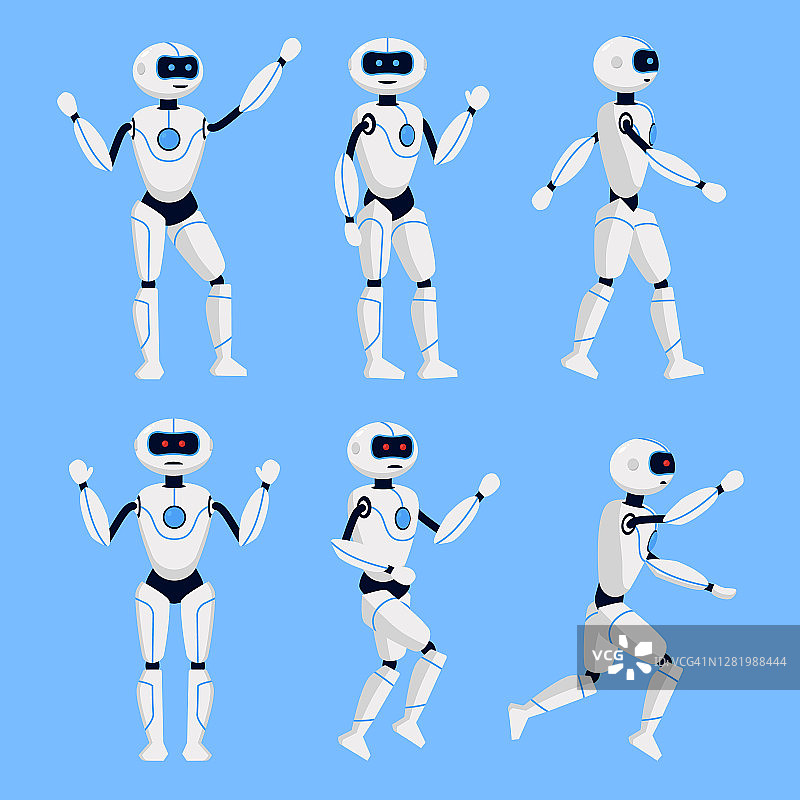 机器人动画设置在蓝色背景。向量图片素材