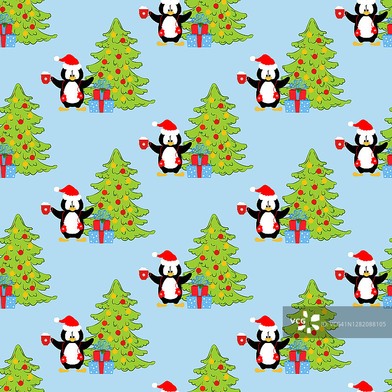 企鹅在圣诞派对服装无缝模式图片素材