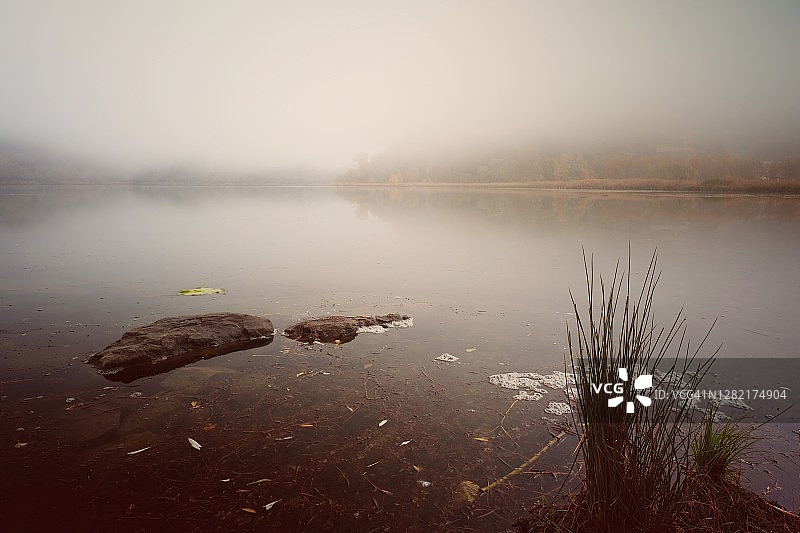 湖边的森林在地平线上映照在水面上，晨雾和五颜六色的树叶宁静图片素材