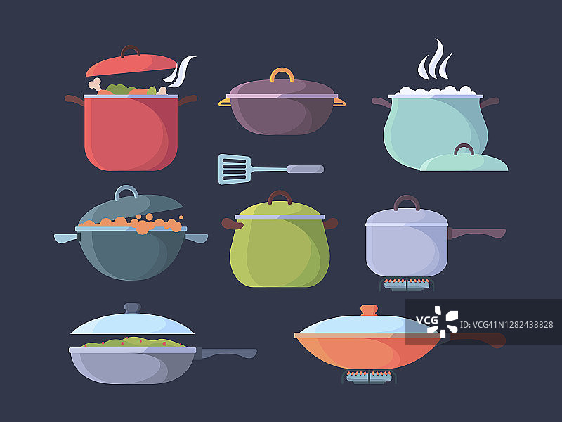 用煤气炉煮食物。烹饪用平底锅和平底锅制作不同的产品，蒸汽和气味可视化矢量图片素材