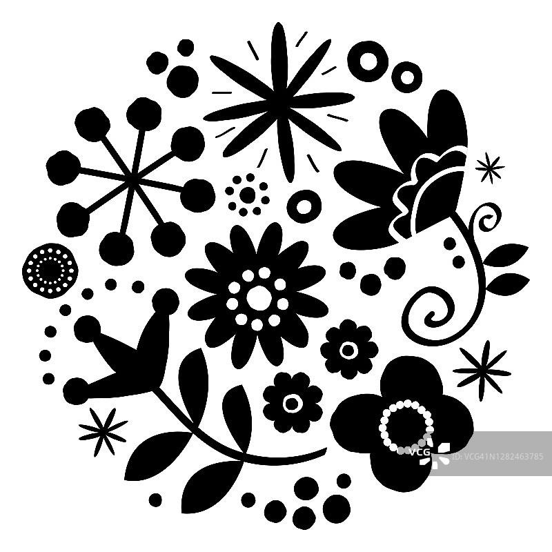 民间花卉艺术矢量设计，快乐的黑白图案与花和瓢虫-斯堪的纳维亚贺卡或请柬，手绘风格图片素材