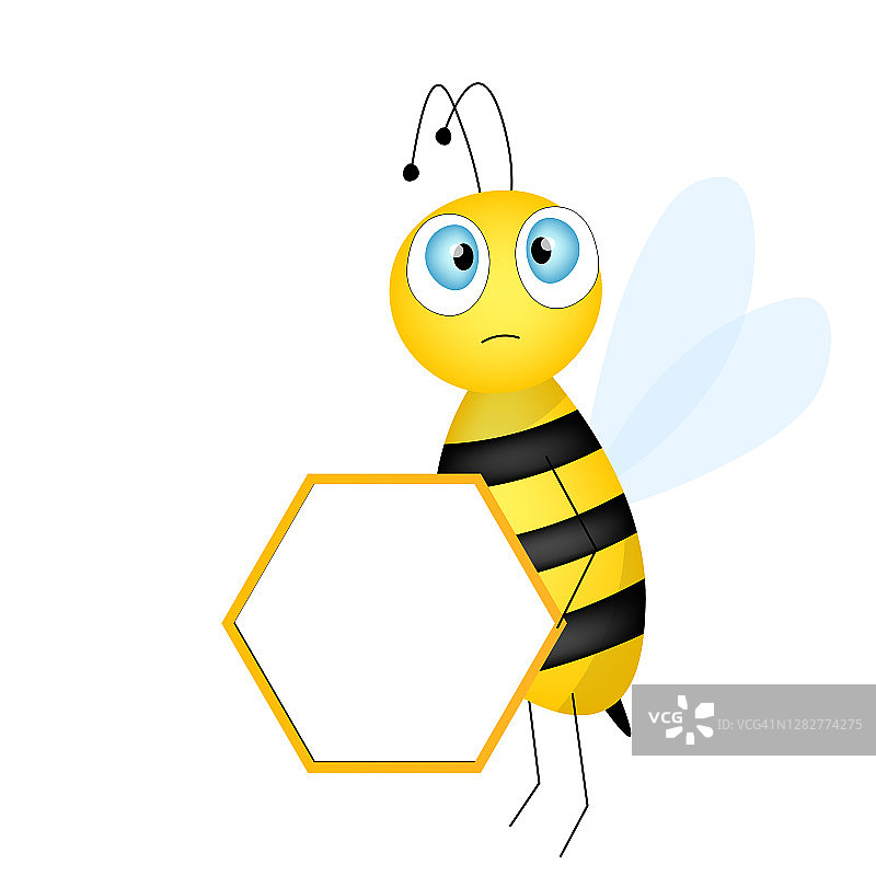 卡通可爱的蜜蜂吉祥物。快乐的蜜蜂和空桌子。小黄蜂。向量的性格。昆虫图标。节日模板设计，邀请函，卡片，壁纸，学校，幼儿园。副本的空间。图片素材