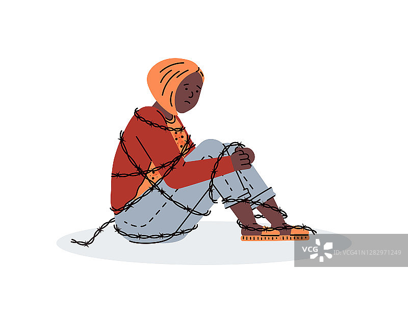 孤独悲伤的少女正坐在被铁丝网缠绕的矢量插图上图片素材