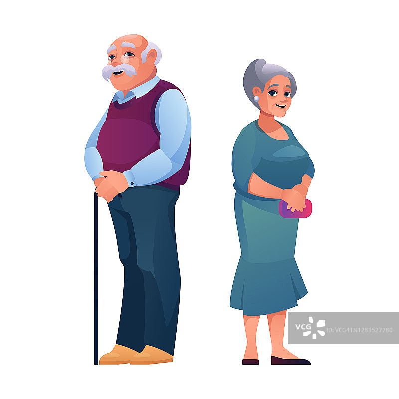 男人和女人的老年孤立的老年夫妇，男人与棍棒和漂亮成熟的女人在衣着孤立。矢量爷爷和奶奶，退休的白人爷爷和奶奶退休了图片素材
