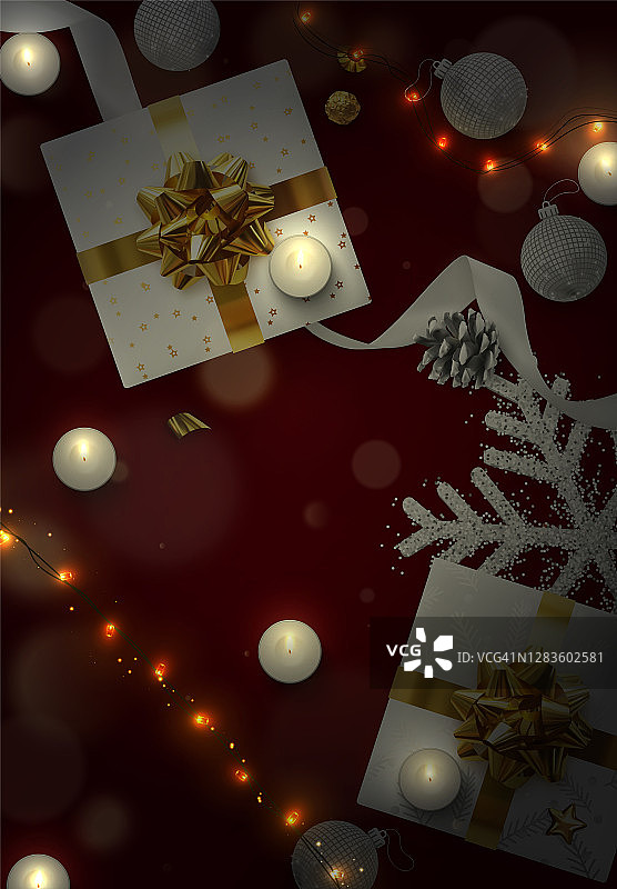 新年快乐，圣诞快乐。顶视图的礼盒，圣诞装饰串灯花环，球和雪花。创意贺卡，横幅，网络海报。圣诞设计对象图片素材