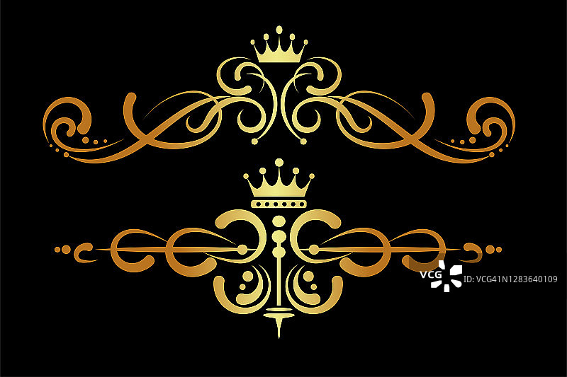 皇家皇冠与翅膀，设置，装饰装饰图案上的黑色背景为您的设计，复古，特写，矢量图形图片素材