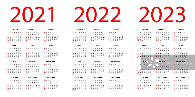 日历2021 2022 2023 -简单布局插图。一周从周日开始。日历设定为2021年、2022年、2023年图片素材