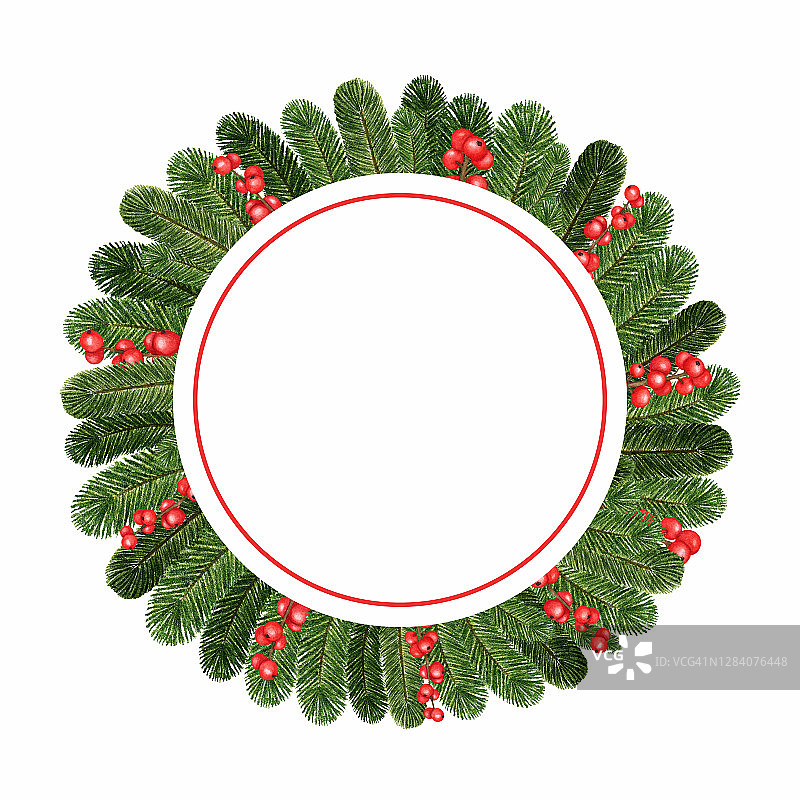 圣诞框架与水彩冷杉松枝和冬青冬青浆果。手绘设计元素孤立。寒假花圈，模板，文本复制空间图片素材