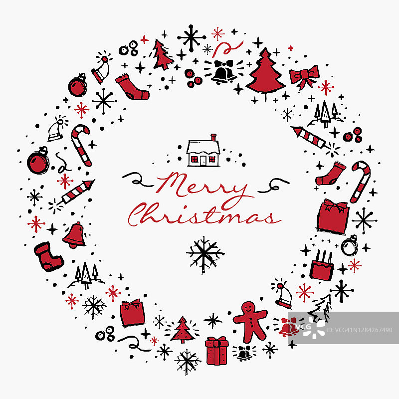 黑色和红色的圣诞花环与手绘涂鸦图标图片素材