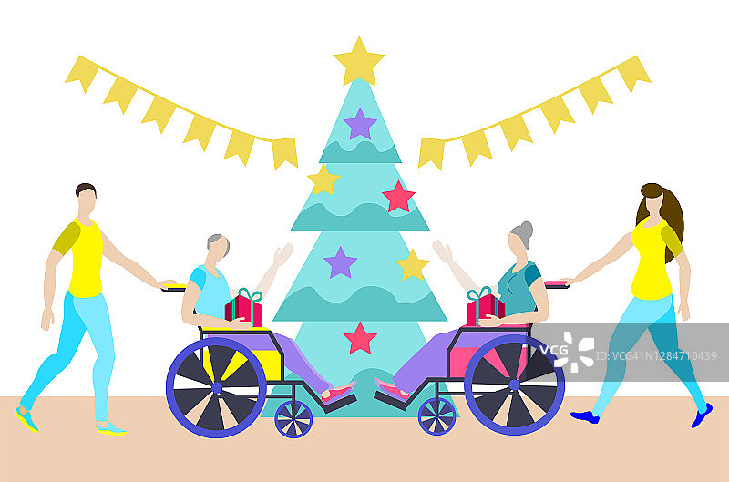 在养老院过圣诞节。奶奶和爷爷坐在轮椅上互相赠送礼物。医院的志愿者为残疾人设立了节日。矢量插图在平面风格。图片素材