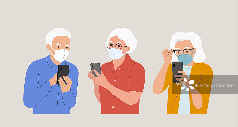 不同的老人戴着口罩看手机。大集合。矢量平面卡通风格的插图图片素材
