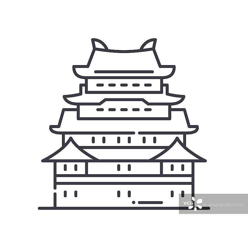 亚洲宫殿图标，线性孤立的插图，细线矢量，网页设计标志，轮廓概念符号与可编辑的笔画在白色的背景。图片素材