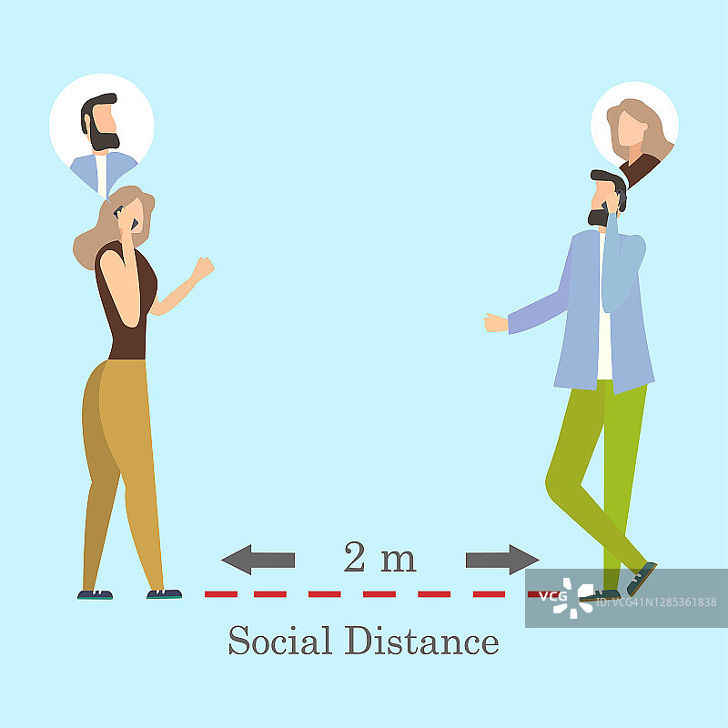 两个人在冠状病毒感染期间的对话、社交距离、彼此的对话、矢量图图片素材