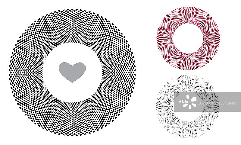 中心有重复元素的黑色圆圈。粉色和灰色，大小随意。心向量背景。图片素材