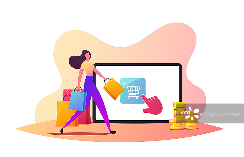 一键购买，网上购物的概念。迷你女性顾客角色在巨大的平板电脑屏幕旁带着包行走图片素材