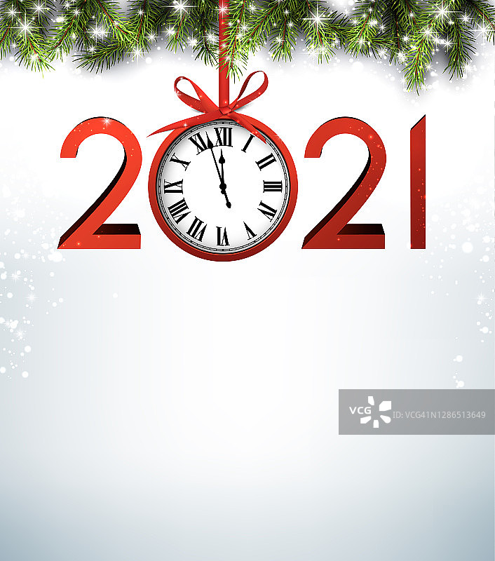 2021年的标志，丝带上挂着时钟。图片素材