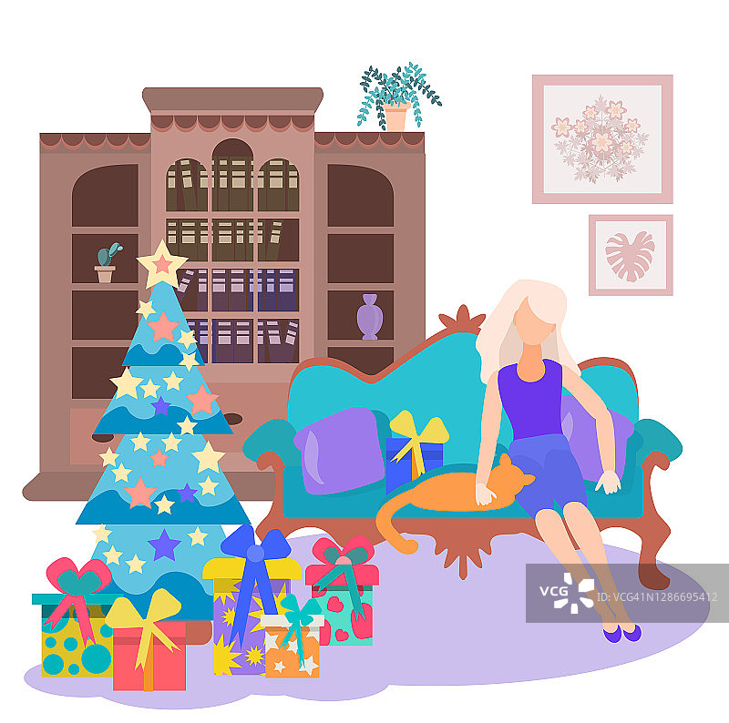舒适的房间，古董家具装饰圣诞节。小女孩坐在家里，抚摸着一只猫，旁边是一棵挂满新年礼物的圣诞树。平面风格的矢量插图。图片素材