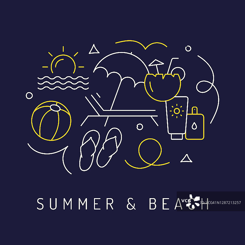 夏天，假期和海滩活动概念，现代线条艺术图标背景。线性风格矢量插图。图片素材