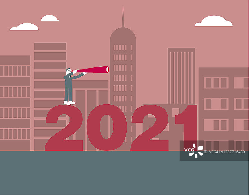 2021新年元素设计，一个人拿着望远镜站在“2021”上观察。背景是城市建设。图片素材