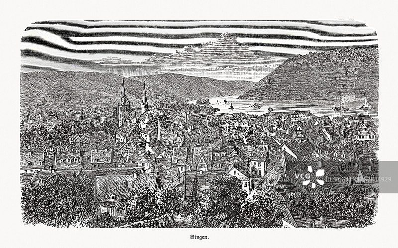 德国莱茵的宾根木刻，1893年出版图片素材