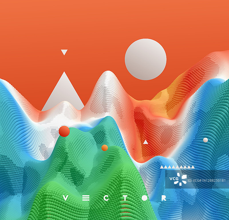 山水与山和月亮。多山的地形。3 d抽象背景。未来的矢量插图。图片素材