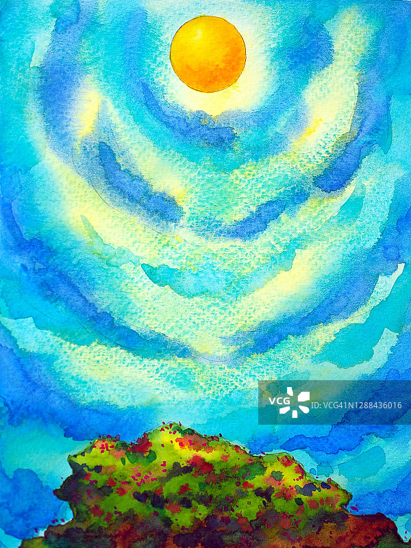 满月，太阳对波天空艺术抽象精神心灵冥想水彩画插图设计背景图片素材
