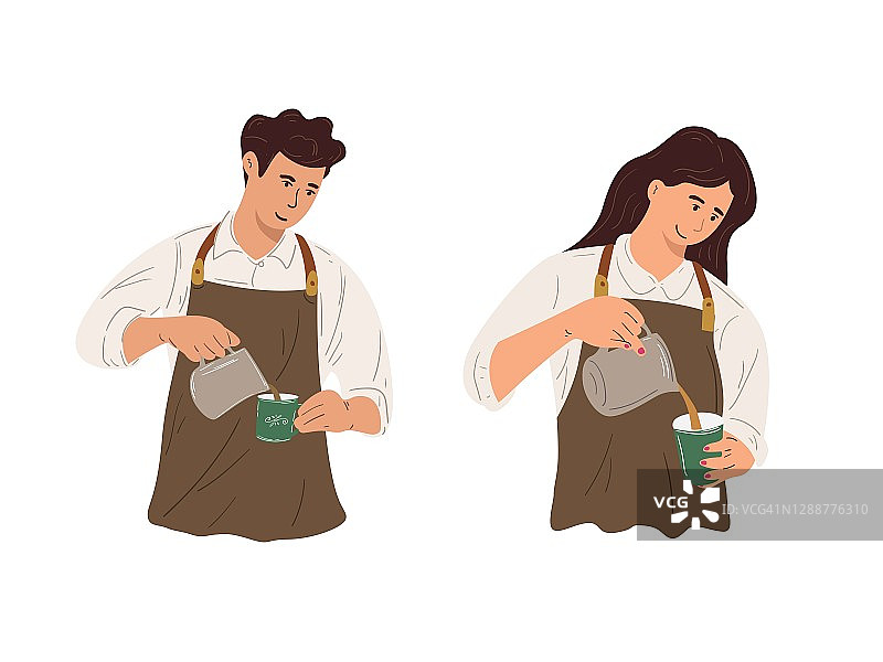 矢量插画的男女工作人员作为咖啡店的咖啡师，咖啡师倒咖啡和加工咖啡的准备。图片素材
