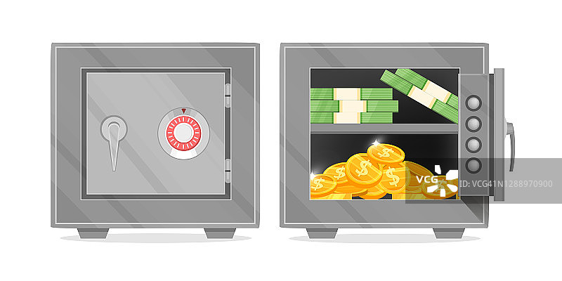 向量银行保险箱与打开和关闭的门插图与美钞，金币孤立在白色。图片素材