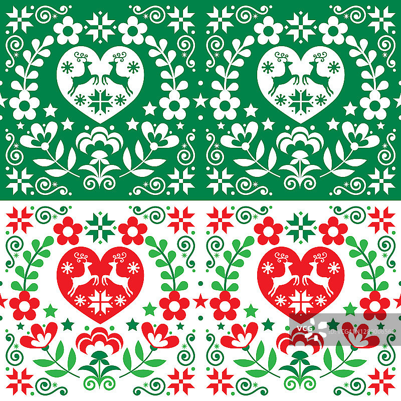 圣诞斯堪的纳维亚矢量无缝模式在绿色和红色-民间艺术风格与驯鹿，圣诞树和鲜花图片素材